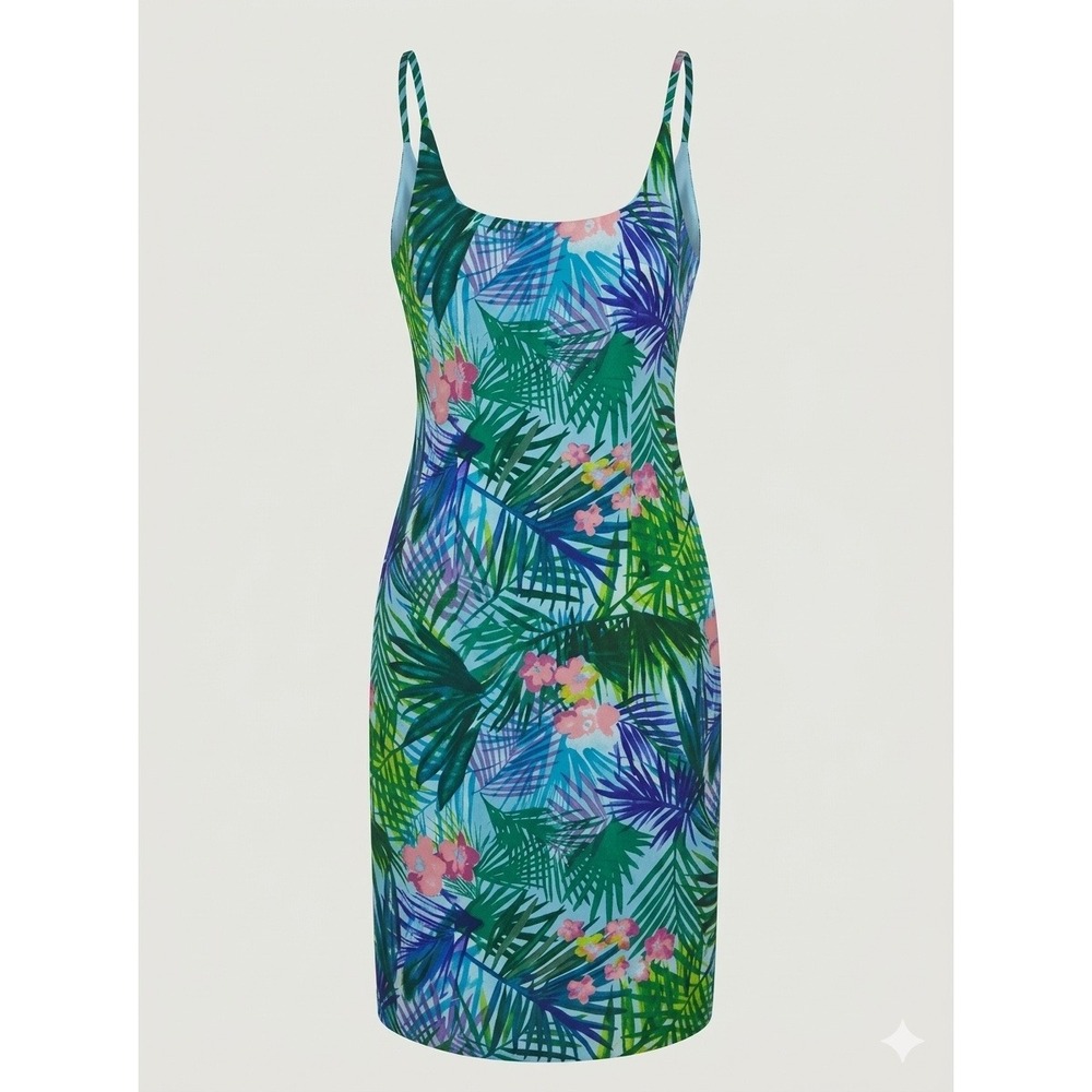 Maggy London Silk Tropical Palm Floral Sheath Dress Blue Green 10 Resort 1990s